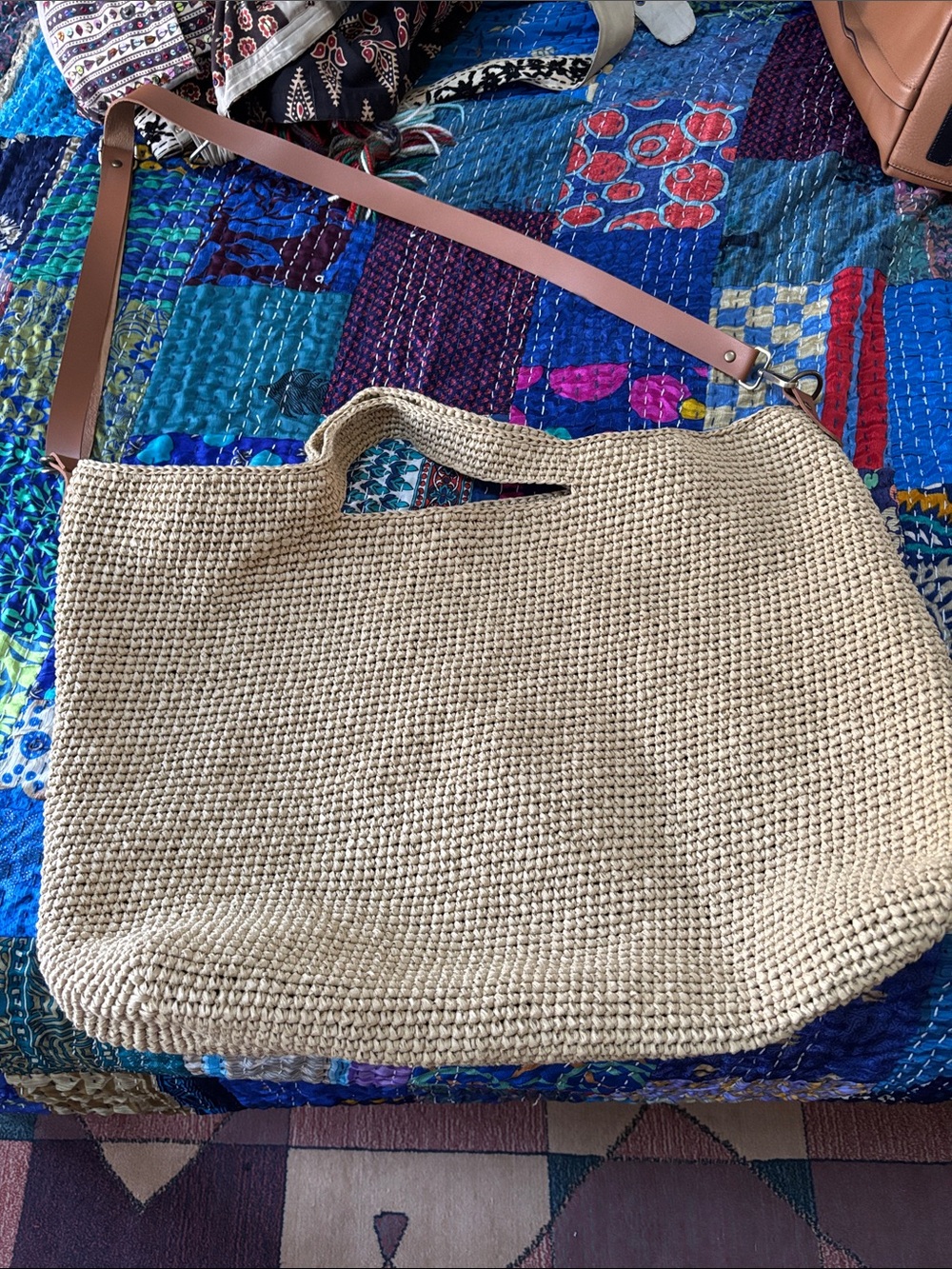 Neutral Crochet Tote with Brown Leather Strap